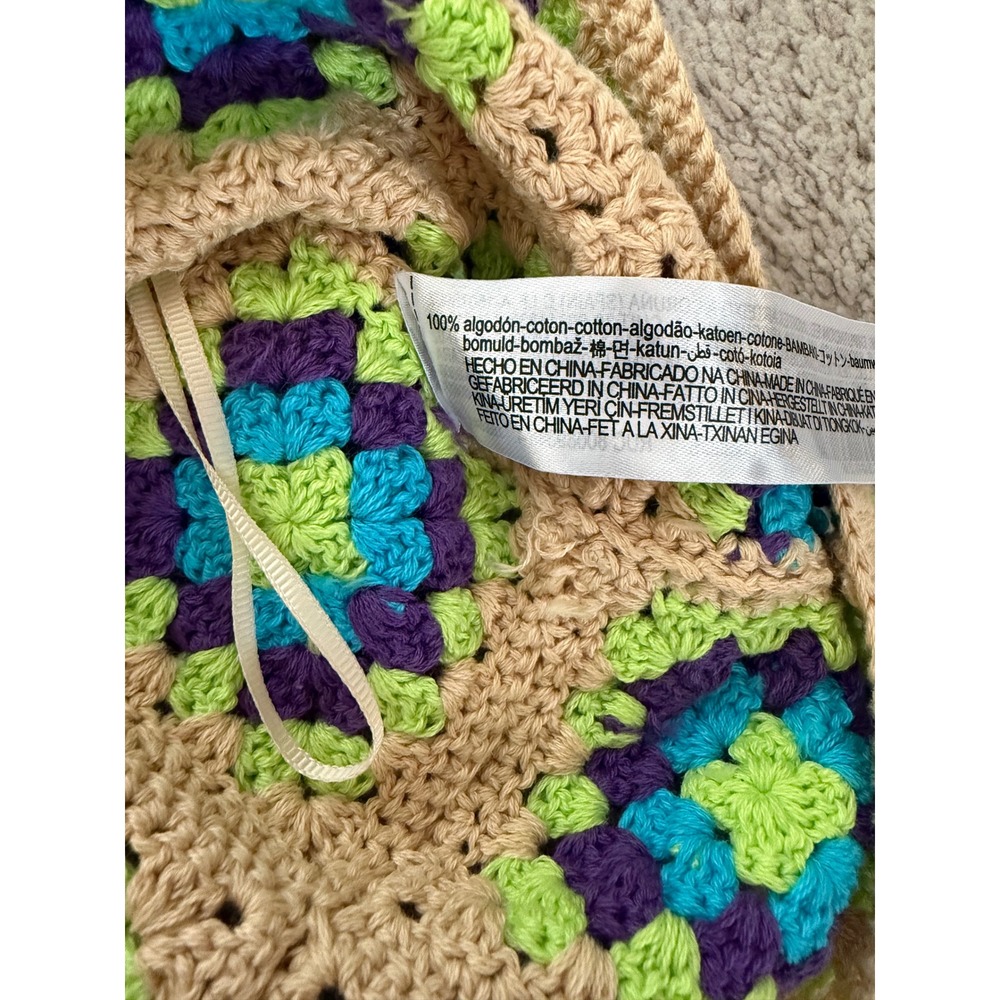 Zara Women Crochet Granny Square Button Front Crop Top Tan‎ Purple Teal Small - Picture 6 of 8